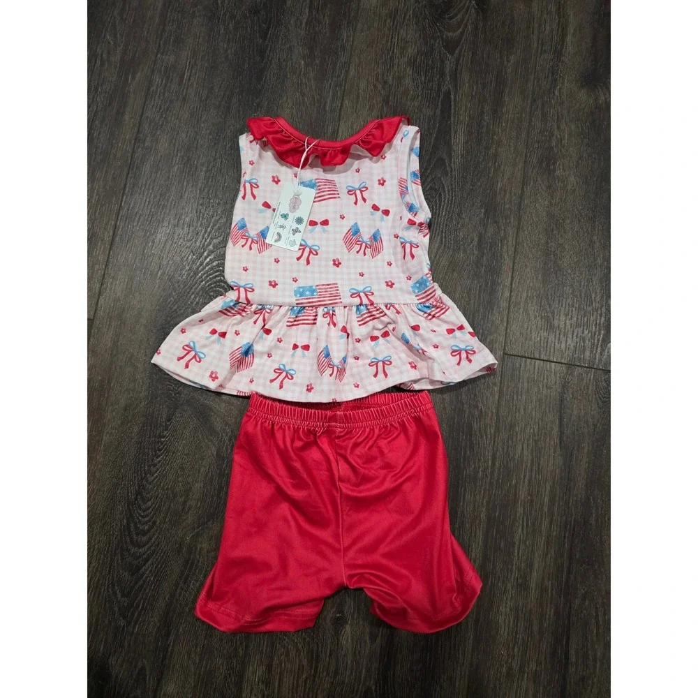 Pete + Lucy Baby Girl Americana Gingham Flag Ruffle Top Shorts Set 12-18 Month